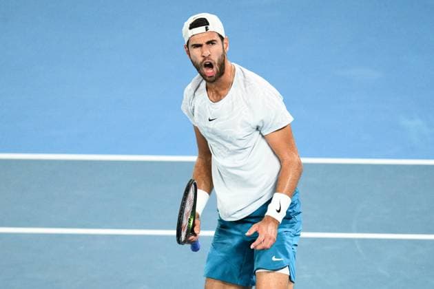 Mandatory Credit: Photo by James Gourley Shutterstock (13729783cd) Karen Khachanov celebrates during his Quarter Final Match Australian Open, Day Nine, Tennis, Melbourne Park, Melbourne, Australia - 24 Jan 2023 Australian Open, Day Nine, Tennis, Melbourne Park, Melbourne, Australia - 24 Jan 2023 Copyright: xJamesxGourley Shutterstockx 13729783cd