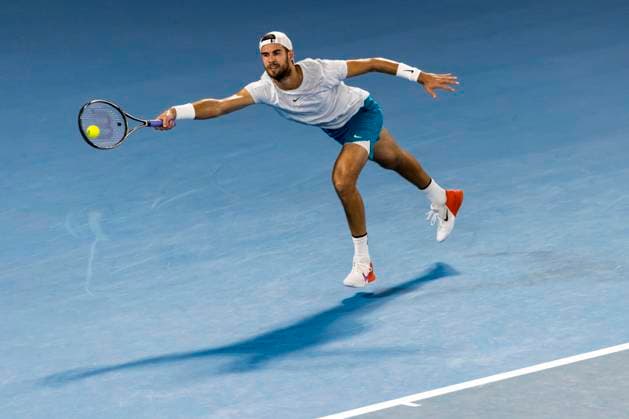 MELBOURNE, VIC - JANUARY 24: Karen Khachanov of Russia in action during the Quarterfinals of the 2023 Australian Open on January 24 2023, at Melbourne Park in Melbourne, Australia. (Photo by Jason Heidrich Icon Sportswire) TENNIS: JAN 24 Australian Open Icon230124053