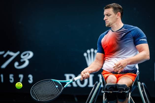 Belgian Joachim Gerard pictured in action at a Men s Wheelchair Singles first round match between Belgian Gerard and Chilean Cataldo at the Australian Open tennis Grand Slam, Tuesday 24 January 2023 in Melbourne Park, Melbourne, Australia. PATRICKxHAMILTON  x58691956x