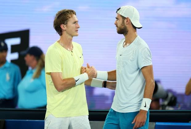 Mandatory Credit: Photo by Ella Ling Shutterstock (13729781ak) Sebastian Korda of USA shakes hands with Karen Khachanov of Russia Australian Open, Day Nine, Tennis, Melbourne Park, Melbourne, Australia - 24 Jan 2023 Australian Open, Day Nine, Tennis, Melbourne Park, Melbourne, Australia - 24 Jan 2023 Copyright: xEllaxLing Shutterstockx 13729781ak