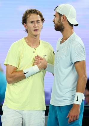 Mandatory Credit: Photo by Ella Ling Shutterstock (13729781al) Sebastian Korda of USA shakes hands with Karen Khachanov of Russia Australian Open, Day Nine, Tennis, Melbourne Park, Melbourne, Australia - 24 Jan 2023 Australian Open, Day Nine, Tennis, Melbourne Park, Melbourne, Australia - 24 Jan 2023 Copyright: xEllaxLing Shutterstockx 13729781al