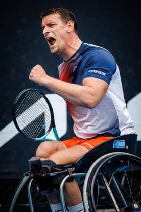 Belgian Joachim Gerard reacts at a Men s Wheelchair Singles first round match between Belgian Gerard and Chilean Cataldo at the Australian Open tennis Grand Slam, Tuesday 24 January 2023 in Melbourne Park, Melbourne, Australia. PATRICKxHAMILTON  x58691971x