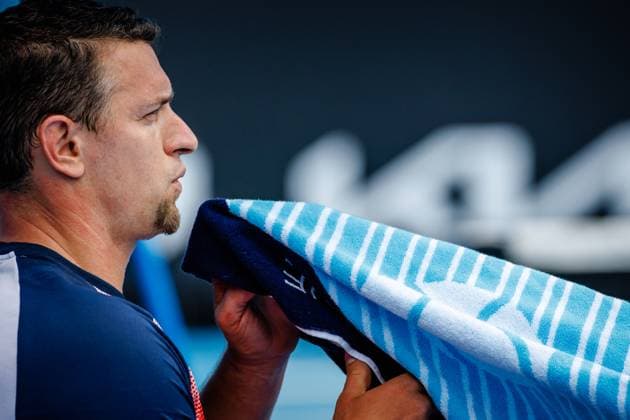 Belgian Joachim Gerard reacts at a Men s Wheelchair Singles first round match between Belgian Gerard and Chilean Cataldo at the Australian Open tennis Grand Slam, Tuesday 24 January 2023 in Melbourne Park, Melbourne, Australia. PATRICKxHAMILTON  x58691972x