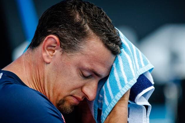 Belgian Joachim Gerard reacts at a Men s Wheelchair Singles first round match between Belgian Gerard and Chilean Cataldo at the Australian Open tennis Grand Slam, Tuesday 24 January 2023 in Melbourne Park, Melbourne, Australia. PATRICKxHAMILTON  x58691973x