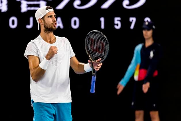 MELBOURNE, VIC - JANUARY 24: Karen Khachanov of Russia celebrates during the Quarterfinals of the 2023 Australian Open on January 24 2023, at Melbourne Park in Melbourne, Australia. (Photo by Jason Heidrich Icon Sportswire) TENNIS: JAN 24 Australian Open Icon230124078
