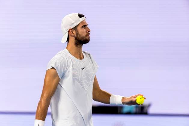 MELBOURNE, VIC - JANUARY 24: Karen Khachanov of Russia in action during the Quarterfinals of the 2023 Australian Open on January 24 2023, at Melbourne Park in Melbourne, Australia. (Photo by Jason Heidrich Icon Sportswire) TENNIS: JAN 24 Australian Open Icon230124082