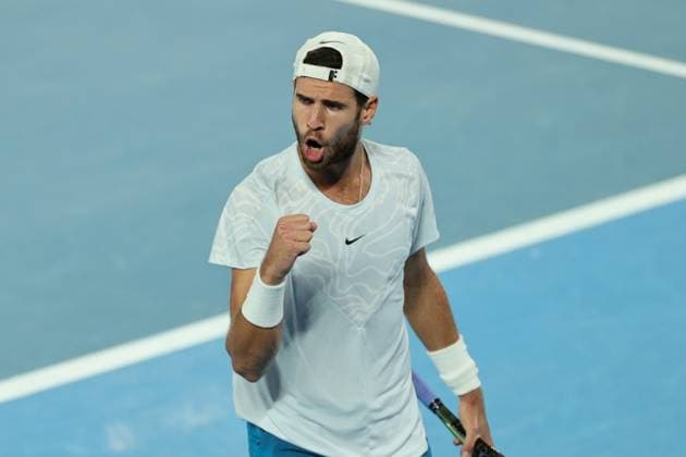 Karen Khachanov in action against Sebastian Korda of USA during the Quarter Final match, Day 9 at the Australian Open Tennis 2023 at Rod Laver Arena, Melbourne, Australia on 24 January 2023. Copyright: xPeterxDovganx 34781975