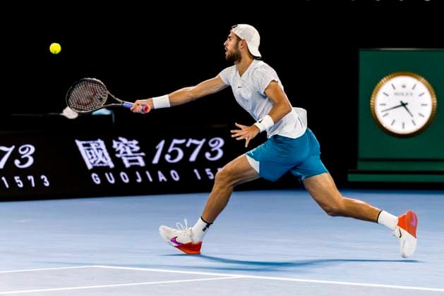 MELBOURNE, VIC - JANUARY 24: Karen Khachanov of Russia in action during the Quarterfinals of the 2023 Australian Open on January 24 2023, at Melbourne Park in Melbourne, Australia. (Photo by Jason Heidrich Icon Sportswire) TENNIS: JAN 24 Australian Open Icon230124084