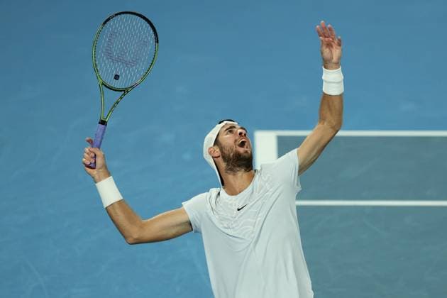 Karen Khachanov in action against Sebastian Korda of USA during the Quarter Final match, Day 9 at the Australian Open Tennis 2023 at Rod Laver Arena, Melbourne, Australia on 24 January 2023. Copyright: xPeterxDovganx 34781980