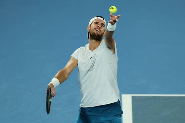 Karen Khachanov in action against Sebastian Korda of USA during the Quarter Final match, Day 9 at the Australian Open Tennis 2023 at Rod Laver Arena, Melbourne, Australia on 24 January 2023. Copyright: xPeterxDovganx 34781981