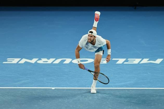Karen Khachanov in action against Sebastian Korda of USA during the Quarter Final match, Day 9 at the Australian Open Tennis 2023 at Rod Laver Arena, Melbourne, Australia on 24 January 2023. Copyright: xPeterxDovganx 34781983