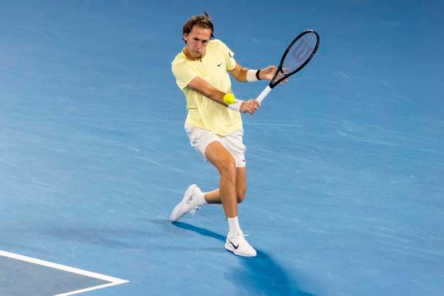 MELBOURNE, VIC - JANUARY 24: Sebastian Korda of the United States of America in action during the Quarterfinals of the 2023 Australian Open on January 24 2023, at Melbourne Park in Melbourne, Australia. (Photo by Jason Heidrich Icon Sportswire) TENNIS: JAN 24 Australian Open Icon230124097