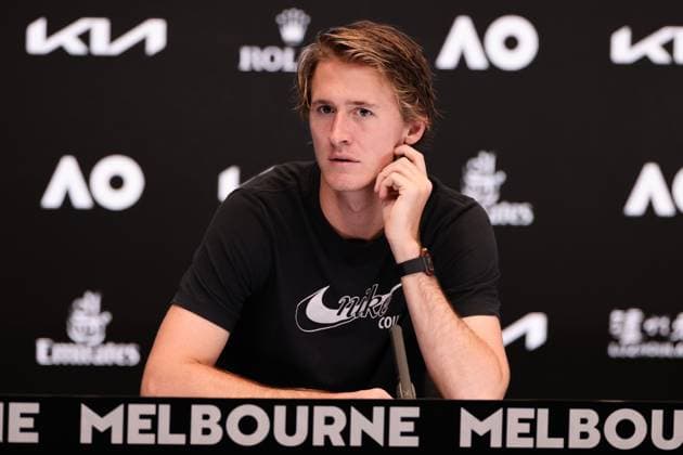 Sebastian Korda of USA interviewed in the media room after his Quarter Final injury retirement against Karen Khachanov, Day 9 at the Australian Open Tennis 2023 at Rod Laver Arena, Melbourne, Australia on 24 January 2023. Copyright: xPeterxDovganx 34781994