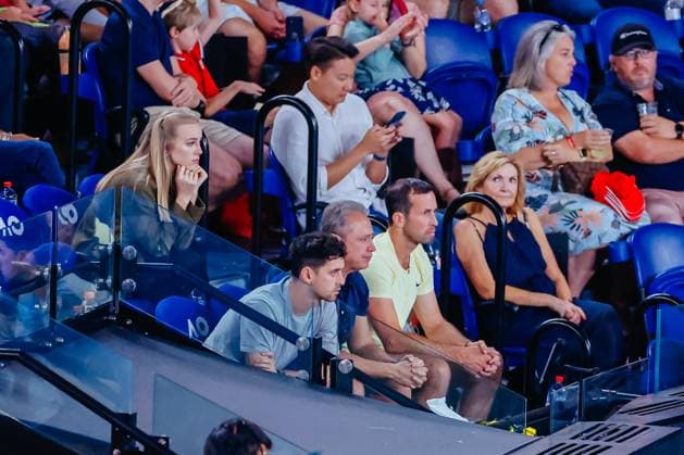 January 24, 2023, Melbourne, Victoria, Australia: MELBOURNE, AUSTRALIA - JANUARY 24: Sebastian Korda s player box with coach Radek Stepanek and girlfriend Ivana Nedved whilst he plays Karen Khachanov of Russia in quarter final action on day 9 of the 2023 Australian Open at Melbourne Park on January 24, 2023 in Melbourne, Australia. Melbourne Australia - ZUMAp121 20230124_zsp_p121_039 Copyright: xChrisxPutnamx
