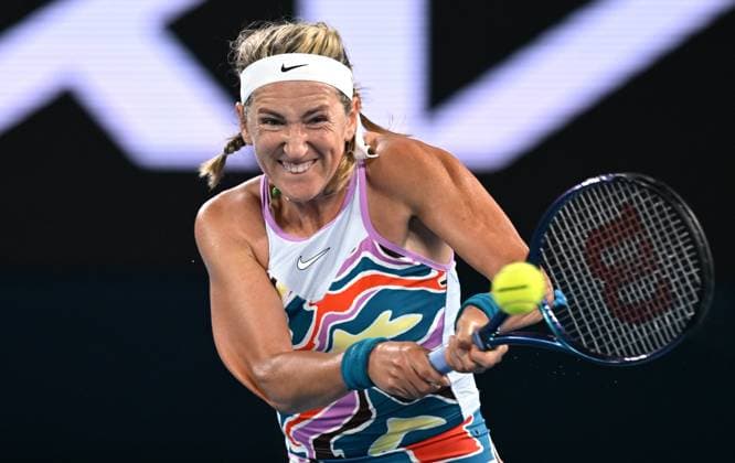 TENNIS AUSTRALIAN OPEN, Victoria Azarenka of Belarus returns to Jessica Pegula of USA during their quarter final match at the 2023 Australian Open tennis championship at Melbourne Park in Melbourne, Tuesday, January 24, 2023. ( NO ARCHIVING, EDITORIAL USE ONLY, NO USE IN BOOKS WITHOUT CONSENT MELBOURNE VICTORIA AUSTRALIA  Copyright: xLUKASxCOCHx 20230124001756087235