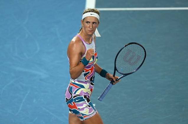 TENNIS AUSTRALIAN OPEN, Victoria Azarenka of Belarus reacts after winning the first set during her quarter final match against Jessica Pegula of USA at the 2023 Australian Open tennis championship at Melbourne Park in Melbourne, Tuesday, January 24, 2023. ( NO ARCHIVING, EDITORIAL USE ONLY, NO USE IN BOOKS WITHOUT CONSENT MELBOURNE VICTORIA AUSTRALIA  Copyright: xLUKASxCOCHx 20230124001756094887