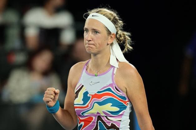 Victoria Azarenka pumps her fist after taking first set 6-4 against Jessica Pegula of USA in the Quarter Final match, Day 9 at the Australian Open Tennis 2023 at Rod Laver Arena, Melbourne, Australia on 24 January 2023. Copyright: xPeterxDovganx 34782016