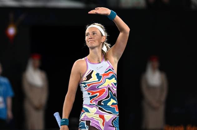 TENNIS AUSTRALIAN OPEN, Victoria Azarenka of Belarus reacts after winning her quarter final match against Jessica Pegula of USA at the 2023 Australian Open tennis championship at Melbourne Park in Melbourne, Tuesday, January 24, 2023. ( NO ARCHIVING, EDITORIAL USE ONLY, NO USE IN BOOKS WITHOUT CONSENT MELBOURNE VICTORIA AUSTRALIA  Copyright: xLUKASxCOCHx 20230124001756100498