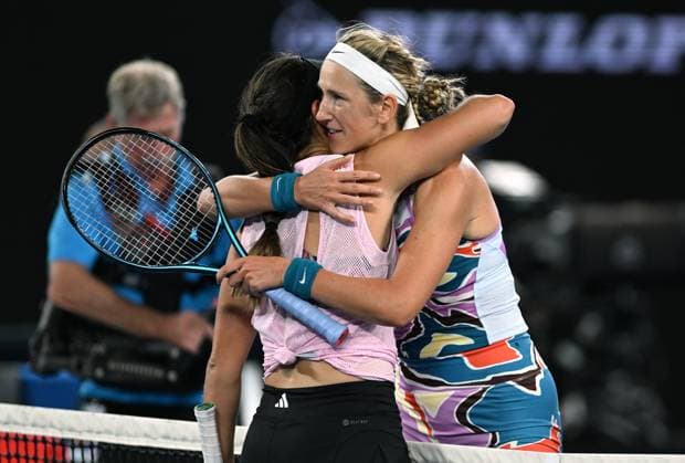 TENNIS AUSTRALIAN OPEN, Victoria Azarenka of Belarus (right) reacts with Jessica Pegula of USA after winning her quarter final matchat the 2023 Australian Open tennis championship at Melbourne Park in Melbourne, Tuesday, January 24, 2023. ( NO ARCHIVING, EDITORIAL USE ONLY, NO USE IN BOOKS WITHOUT CONSENT MELBOURNE VICTORIA AUSTRALIA  Copyright: xLUKASxCOCHx 20230124001756101044