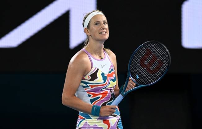 TENNIS AUSTRALIAN OPEN, Victoria Azarenka of Belarus reacts after winning her quarter final match against Jessica Pegula of USA at the 2023 Australian Open tennis championship at Melbourne Park in Melbourne, Tuesday, January 24, 2023. ( NO ARCHIVING, EDITORIAL USE ONLY, NO USE IN BOOKS WITHOUT CONSENT MELBOURNE VICTORIA AUSTRALIA  Copyright: xLUKASxCOCHx 20230124001756101189