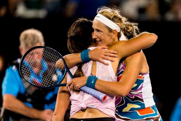 MELBOURNE, VIC - JANUARY 24: Victoria Azarenka of Belarus greets her opponent, Jessica Pegula of the United States of America at the net after winning her match during the Quarterfinals of the 2023 Australian Open on January 24 2023, at Melbourne Park in Melbourne, Australia. (Photo by Jason Heidrich Icon Sportswire) TENNIS: JAN 24 Australian Open Icon230124151