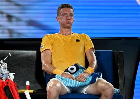 TENNIS AUSTRALIAN OPEN, Jiri Lehecka of Czech Republic reacts between games during his quarter final match against Stefanos Tsitsipas of Greece at the 2023 Australian Open tennis championship at Melbourne Park in Melbourne, Tuesday, January 24, 2023. ( NO ARCHIVING, EDITORIAL USE ONLY, NO USE IN BOOKS WITHOUT CONSENT MELBOURNE VICTORIA AUSTRALIA  Copyright: xLUKASxCOCHx 20230124001756105619