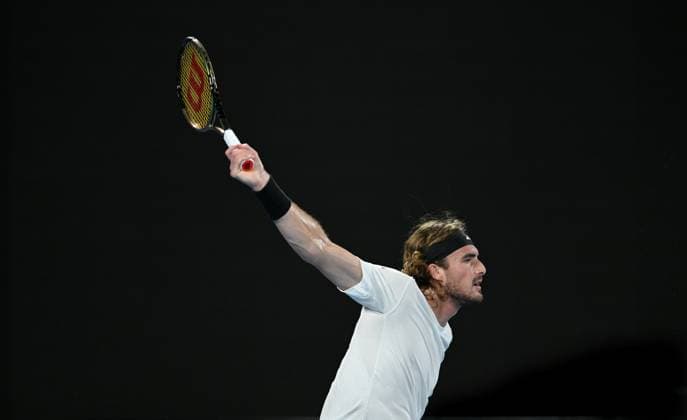 TENNIS AUSTRALIAN OPEN, Stefanos Tsitsipas of Greece looks on after returning to Jiri Lehecka of Czech Republic during their quarter final match at the 2023 Australian Open tennis championship at Melbourne Park in Melbourne, Tuesday, January 24, 2023. ( NO ARCHIVING, EDITORIAL USE ONLY, NO USE IN BOOKS WITHOUT CONSENT MELBOURNE VICTORIA AUSTRALIA  Copyright: xLUKASxCOCHx 20230124001756107860