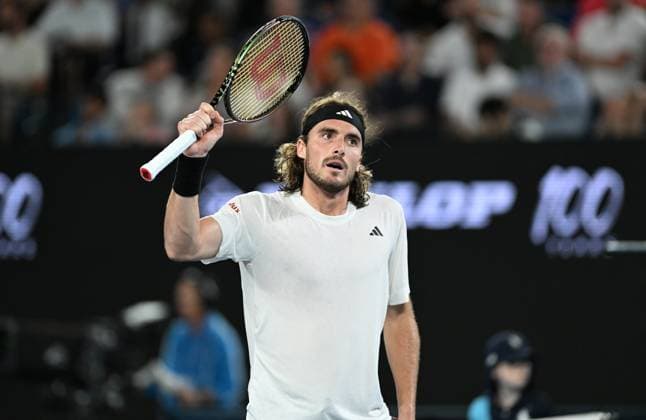 TENNIS AUSTRALIAN OPEN, Stefanos Tsitsipas of Greece reacts after winning the first set during his quarter final match against Jiri Lehecka of Czech Republic at the 2023 Australian Open tennis championship at Melbourne Park in Melbourne, Tuesday, January 24, 2023. ( NO ARCHIVING, EDITORIAL USE ONLY, NO USE IN BOOKS WITHOUT CONSENT MELBOURNE VICTORIA AUSTRALIA  Copyright: xLUKASxCOCHx 20230124001756108425