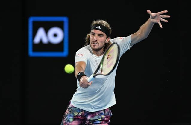TENNIS AUSTRALIAN OPEN, Stefanos Tsitsipas of Greece returns to Jiri Lehecka of Czech Republic during their quarter final match at the 2023 Australian Open tennis championship at Melbourne Park in Melbourne, Tuesday, January 24, 2023. ( NO ARCHIVING, EDITORIAL USE ONLY, NO USE IN BOOKS WITHOUT CONSENT MELBOURNE VICTORIA AUSTRALIA  Copyright: xLUKASxCOCHx 20230124001756108796