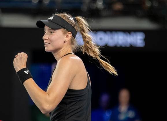 (230124) -- MELBOURNE, Jan. 24, 2023 -- Elena Rybakina of Kazakhstan celebrates scoring during the women s singles quarterfinal against Jelena Ostapenko of Latvia at Australian Open at Melbourne Park in Melbourne, Australia, Jan. 24, 2023. (Photo by Xinhua) (SP)AUSTRALIA-MELBOURNE-TENNIS-AUSTRALIAN OPEN-QUARTERFINALS HuxJingchen 
