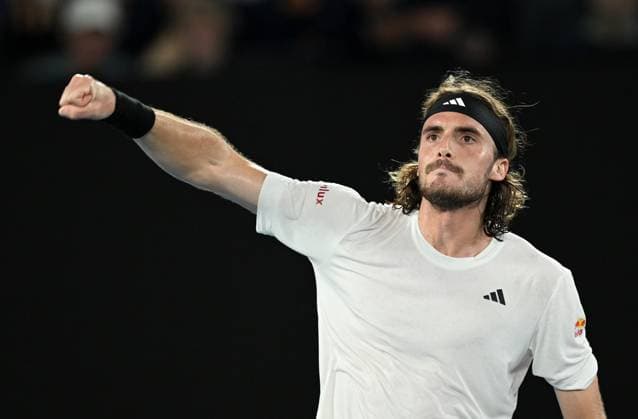 TENNIS AUSTRALIAN OPEN, Stefanos Tsitsipas of Greece reacts during his quarter final match against Jiri Lehecka of Czech Republic at the 2023 Australian Open tennis championship at Melbourne Park in Melbourne, Tuesday, January 24, 2023. ( NO ARCHIVING, EDITORIAL USE ONLY, NO USE IN BOOKS WITHOUT CONSENT MELBOURNE VICTORIA AUSTRALIA  Copyright: xLUKASxCOCHx 20230124001756111350