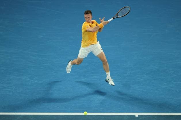 Jiri Lehecka of Czech Republic in action against Stefanos Tsitsipas of Greece in the Quarter Final match, Day 9 at the Australian Open Tennis 2023 at Rod Laver Arena, Melbourne, Australia on 24 January 2023. Copyright: xPeterxDovganx 34782068