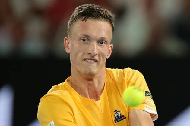Jiri Lehecka of Czech Republic in action against Stefanos Tsitsipas of Greece in the Quarter Final match, Day 9 at the Australian Open Tennis 2023 at Rod Laver Arena, Melbourne, Australia on 24 January 2023. Copyright: xPeterxDovganx 34782082