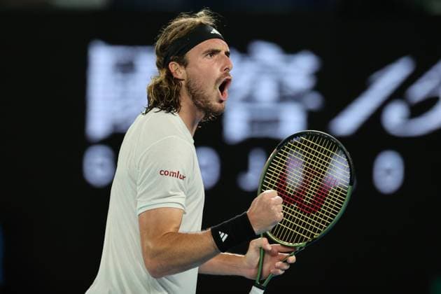 Stefanos Tsitsipas of Greece reacts after winning second set against Jiri Lehecka of Czech Republic in the Quarter Final match, Day 9 at the Australian Open Tennis 2023 at Rod Laver Arena, Melbourne, Australia on 24 January 2023. Copyright: xPeterxDovganx 34782090
