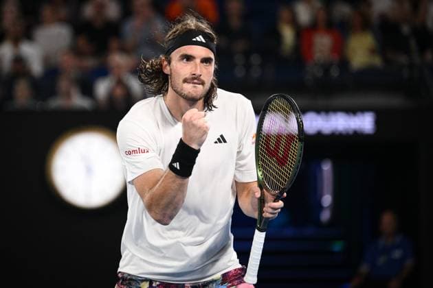 Mandatory Credit: Photo by James Gourley Shutterstock (13729783gm) Stefanos Tsitsipas celebrates victory after winning his Quarter Final Match Australian Open, Day Nine, Tennis, Melbourne Park, Melbourne, Australia - 24 Jan 2023 Australian Open, Day Nine, Tennis, Melbourne Park, Melbourne, Australia - 24 Jan 2023 Copyright: xJamesxGourley Shutterstockx 13729783gm