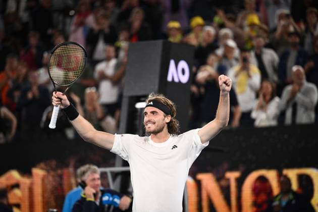 Mandatory Credit: Photo by James Gourley Shutterstock (13729783hb) Stefanos Tsitsipas celebrates victory after winning his Quarter Final Match Australian Open, Day Nine, Tennis, Melbourne Park, Melbourne, Australia - 24 Jan 2023 Australian Open, Day Nine, Tennis, Melbourne Park, Melbourne, Australia - 24 Jan 2023 Copyright: xJamesxGourley Shutterstockx 13729783hb