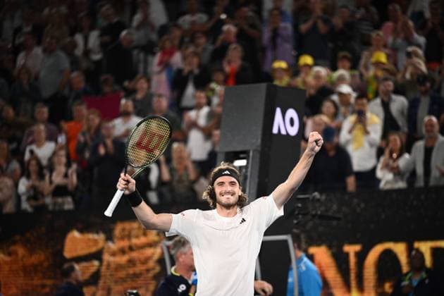 Mandatory Credit: Photo by James Gourley Shutterstock (13729783gp) Stefanos Tsitsipas celebrates victory after winning his Quarter Final Match Australian Open, Day Nine, Tennis, Melbourne Park, Melbourne, Australia - 24 Jan 2023 Australian Open, Day Nine, Tennis, Melbourne Park, Melbourne, Australia - 24 Jan 2023 Copyright: xJamesxGourley Shutterstockx 13729783gp