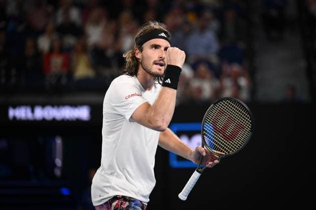 Mandatory Credit: Photo by James Gourley Shutterstock (13729783gq) Stefanos Tsitsipas celebrates victory after winning his Quarter Final Match Australian Open, Day Nine, Tennis, Melbourne Park, Melbourne, Australia - 24 Jan 2023 Australian Open, Day Nine, Tennis, Melbourne Park, Melbourne, Australia - 24 Jan 2023 Copyright: xJamesxGourley Shutterstockx 13729783gq