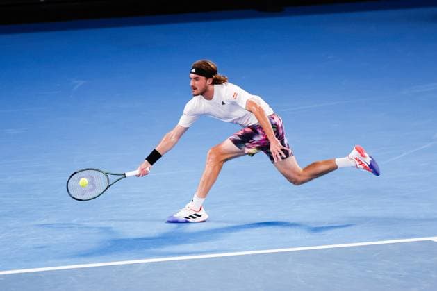 January 24, 2023, Melbourne, Victoria, Australia: STEFANOS TSITSIPAS of Greece in action against J Lehecka of the Czech Republic during their match at the quarter-final on day 9 of the 2023 Australian Open at Melbourne Park in Melbourne, Australia. Tsitsipas won 6:3, 7:6, 6:4. Melbourne Australia - ZUMAp121 20230124_zsp_p121_076 Copyright: xChrisxPutnamx