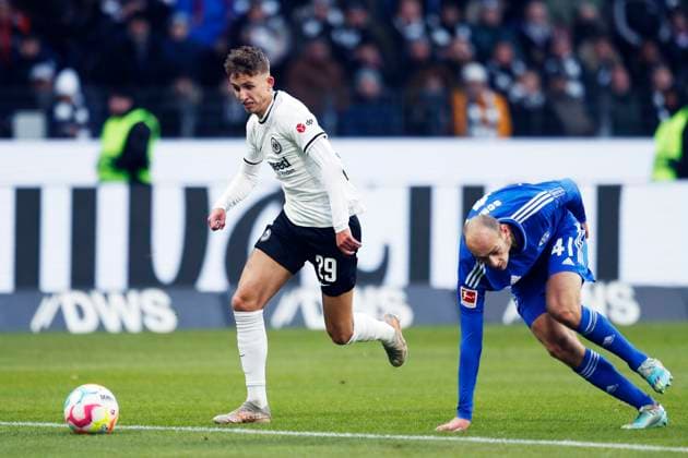 Jesper Lindstrom (Frankfurt), Henning Matriciani (Shalke), JANUARY 21, 2023 - Football Soccer : Bundesliga match between Eintracht Frankfurt 3-0 FC Schalke 04 at Deutsche Bank Park, in Frankfurt, Germany. Noxthirdxpartyxsales  (209007436)