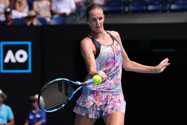 Karolina Pliskova of Czech Republic in action against Magda Linette of Poland in the Quarter Final match, Day 10 at the Australian Open Tennis 2023 at Rod Laver Arena, Melbourne, Australia on 25 January 2023. Copyright: xPeterxDovganx 34782114