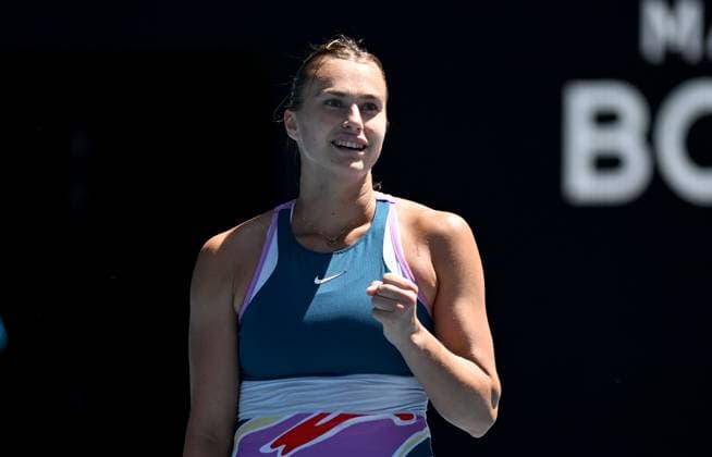 TENNIS AUSTRALIAN OPEN, Aryna Sabalenka of Belarus celebrates after winning her quarter final match against Donna Vekic of Croatia at the 2023 Australian Open tennis championship at Melbourne Park in Melbourne, Wednesday, January 25, 2023. ( NO ARCHIVING, EDITORIAL USE ONLY, NO USE IN BOOKS WITHOUT CONSENT MELBOURNE VICTORIA AUSTRALIA  Copyright: xLUKASxCOCHx 20230125001756356991