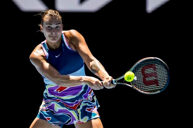 MELBOURNE, VIC - JANUARY 25: Aryna Sabalenka of Belarus in action during the Quarterfinals of the 2023 Australian Open on January 25 2023, at Melbourne Park in Melbourne, Australia. (Photo by Jason Heidrich Icon Sportswire) TENNIS: JAN 25 Australian Open Icon230125075