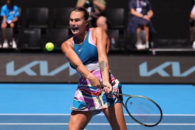 Aryna Sabalenka in action against Donna Vekic of Croatia in the Quarter Final match, Day 10 at the Australian Open Tennis 2023 at Rod Laver Arena, Melbourne, Australia on 25 January 2023. Copyright: xPeterxDovganx 34782159