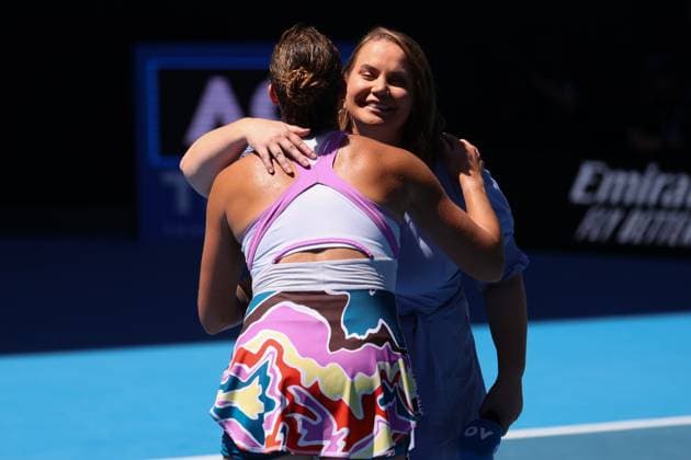 Jelena Doric hugs Aryna Sabalenka after defeating Donna Vekic of Croatia 6-3 6-2 in the Quarter Final match, Day 10 at the Australian Open Tennis 2023 at Rod Laver Arena, Melbourne, Australia on 25 January 2023. Copyright: xPeterxDovganx 34782167