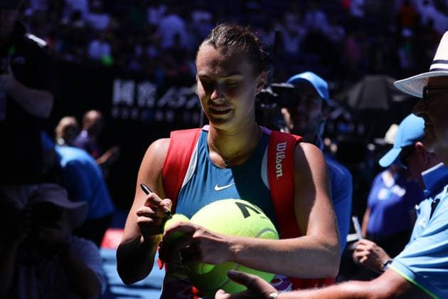 Aryna Sabalenka signs tennis balls after defeating Donna Vekic of Croatia 6-3 6-2 in the Quarter Final match, Day 10 at the Australian Open Tennis 2023 at Rod Laver Arena, Melbourne, Australia on 25 January 2023. Copyright: xPeterxDovganx 34782172