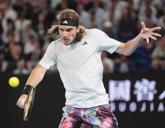 Tennis: Australian Open Stefanos Tsitsipas of Greece plays against Jiri Lehecka of the Czech Republic in a men s singles quarterfinal at the Australian Open tennis tournament in Melbourne on Jan. 24, 2023.  A14AA0001388346P 