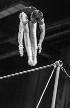 May 18-23, 1976. Moscow, USSR. Multiple European and USSR champion, member of the USSR National Artistic Gymnastics Team at the 1976 Summer Olympics in Montreal Nikolai Andrianov competes in the 21st All-Around Cup of the USSR at the Palace of Sports of the Central Lenin Stadium. The exact date of the photograph is unknown. Vyacheslav Un Da-Sin TASS  16932773