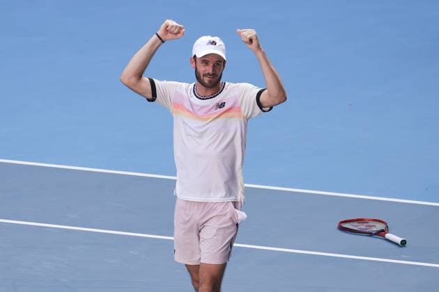 Tommy Paul of USA celebrates after defeating Ben Shelton of USA 7-6 6-3 5-7 6-4 during the Quarter Final, Day 10 at the Australian Open Tennis 2023 at Rod Laver Arena, Melbourne, Australia on 25 January 2023. Copyright: xPeterxDovganx 34782207