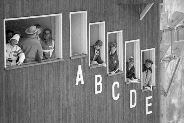 Sapporo, Japan. February 6, 1972. Coaches look at their trainees performing ski jumps before the competition at the 1972 Winter Olympics. Viktor Budan TASS  17722738